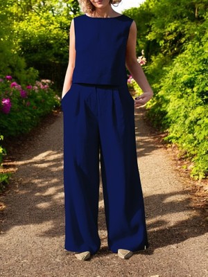 Yazlık Rahat Kolsuz Alt Üst Keten Takım