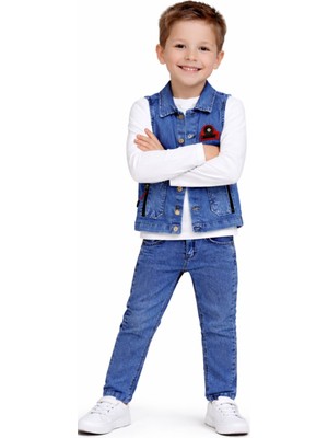 İrem Çocuk Giyim Erkek Çocuk Düğme Kapamalı Kot Yelek Pantolon Uzun Kol Badili Mavi Renk Kot Üçlü Takım