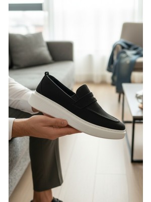 Enoch Hakiki Deri Siyah Beyaz Kalın Tabanlı Bağcıksız Erkek Loafer