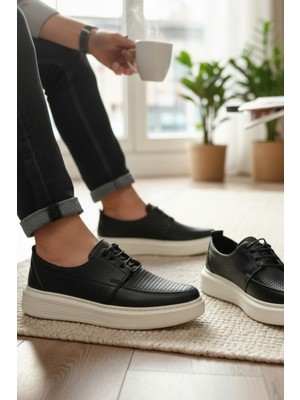Enoch Hakiki Deri Siyah Lazer Kesim Detaylı Beyaz Tabanlı Bağcıklı Comfort Erkek Ayakkabı