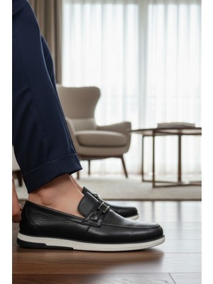 Enoch Hakiki Deri Siyah Beyaz Tabanlı Klasik Maskaretli Bağcıksız Erkek Loafer