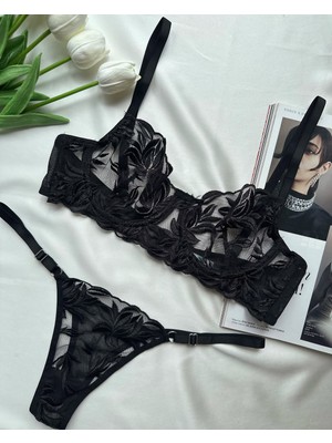 Romantik Brode Nakışlı Şeffaf Tül Bralet Takım - Yaprak Desenli