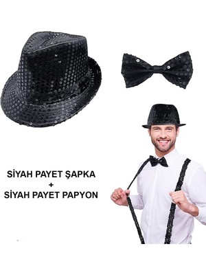 NW NessiWorld Siyah Payetli Şapka ve Papyon Seti – Parıltılı Yetişkin Kostüm Seti