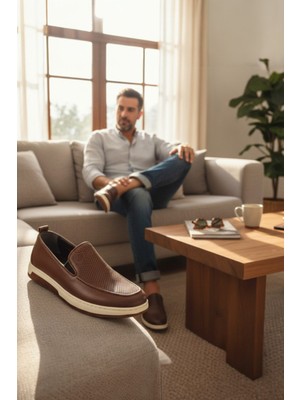 Enoch Hakiki Deri Kahverengi Lazer Kesim Detaylı Bağcıksız Babet Erkek Ayakkabı