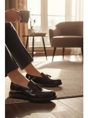 Enoch Hakiki Deri Siyah Rugan Kroko Desenli Püsküllü Erkek Loafer