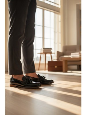Enoch Hakiki Deri Siyah Püsküllü Bağcıksız Erkek Klasik Loafer