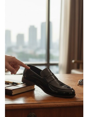 Enoch Hakiki Deri Siyah Küçük Numara Kroko Desenli Klasik Erkek Loafer