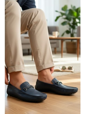 Enoch Hakiki Deri Lacivert Yılan Derisi Desenli Metal Tokalı Erkek Loafer