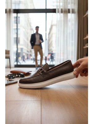 Enoch Hakiki Deri Yılan Derisi Desenli ve Tokalı Kontrast Beyaz Tabanlı Erkek Loafer