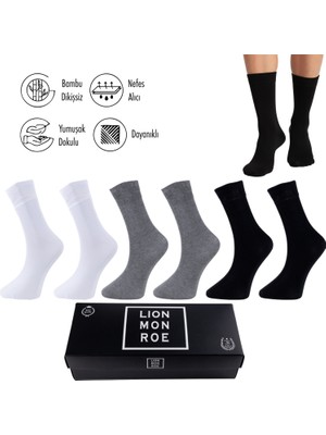 Lion Monroe Saf Bambu Erkek Soket Uzun Düz Beyaz-Gri-Siyah Çorap Dikişsiz Premium Kutulu 6'lı L5952AZNB SoftAura