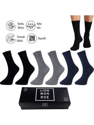 Lion Monroe Saf Bambu Erkek Soket Uzun Düz Siyah-Gri-Lacivert Çorap Dikişsiz Premium Kutulu 6'lı L5952AZNB SoftAura