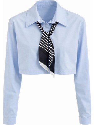 Miss Poem Kadın Açık Mavi Fularlı Crop Gömlek Yaka Uzun Kol Gömlek