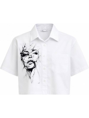 Miss Poem Kadın Beyaz Portre Baskılı Kısa Kol Crop Gömlek