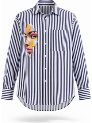 Miss Poem Kadın Açık Mavi Beyaz Çizgili Yüz Figür Baskılı Gömlek