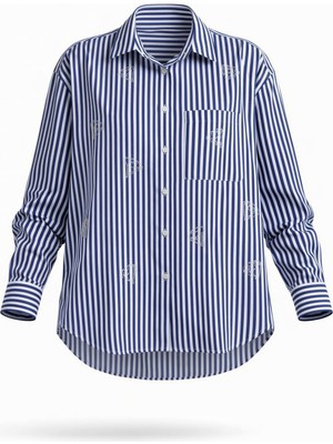 Miss Poem Kadın Lacivert Beyaz Çizgili Taşlı Detaylı Gömlek