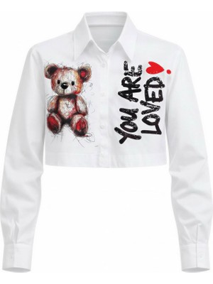 Miss Poem Kadın Beyaz Ayıcık Baskılı Crop Uzun Kol Gömlek
