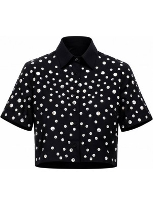 Miss Poem Kadın Siyah Taş Detaylı Kısa Kol Crop Gömlek