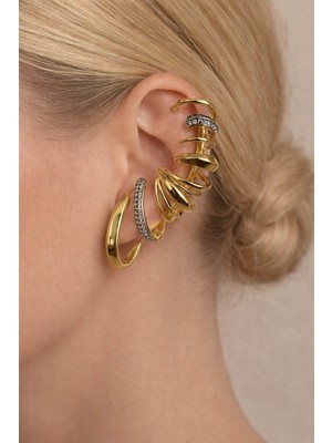 Tuel Zirkon Taşlı Gold Kıkırdak Görünümlü Küpe – Tek Delikle Kullanım