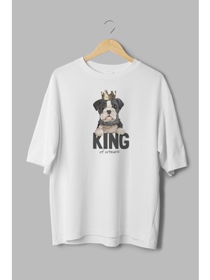 Overoz King Köpek Baskılı Yarı Oversize Beyaz T-Shirt 1033