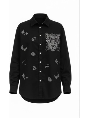 Miss Poem Kadın Siyah Taşlı Kaplan Figürlü %100 Pamuk Gömlek
