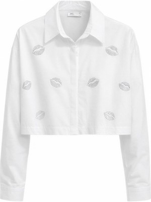 Miss Poem Kadın Beyaz Taşlı Dudak Detaylı Crop Uzun Kol Gömlek