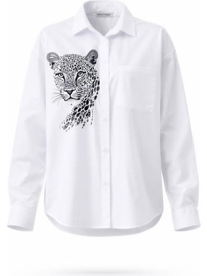 Miss Poem Kadın Beyaz Gömlek Yaka Kaplan Figür Baskılı Pamuk Gömlek