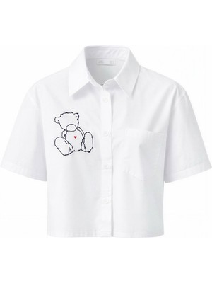 Miss Poem Kadın Beyaz Ön Arka Ayıcık Desenli Kısa Kol Crop Gömlek