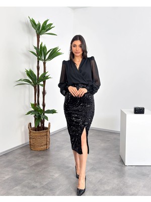 Mialora Kruvaze Yaka Omuz Boncuk Detaylı Püsküllü Maxi Kadın Elbise