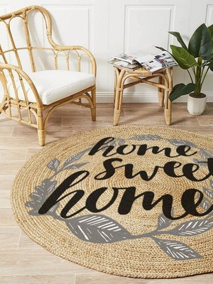 Kilim Home Boho 973 Home Sweet Home Temalı Etnik Desenli Yuvarlak Jüt Örme Doğal Hasır Kilim Daire Halı