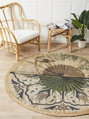 Kilim Home Boho 901 Doğa ve Botanik Desenli Etnik Örgü Yuvarlak Natural Renk Çift Taraflı Halı