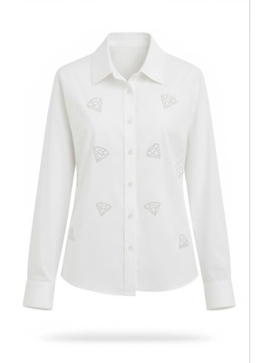 Miss Poem Kadın Beyaz Gömlek Yaka Taşlı %100 Pamuk Gömlek