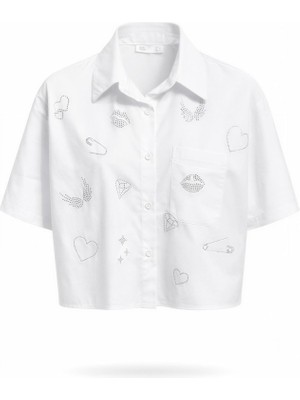 Miss Poem Kadın Beyaz Taş Baskılı Kısa Kol Crop %100 Pamuk Gömlek