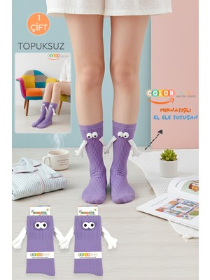Color Socks Mor El Ele Tutuşan Gözlü Mıknatıslı Soket Çorap Seti Düz Desenli Unisex