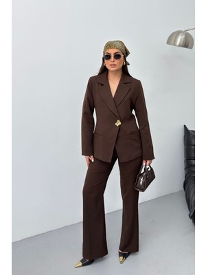 Spirituel Kadın Ikili Alt Üst Takım Şık Gold Düğmeli Fleto Cepli Blazer Ceket Bol Paça Pantolon Takım