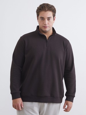 Lc Waikiki Erkek Sweatshirt 3XL Kahverengi Dik Yaka Uzun Kollu Yarım Fermuarlı Büyük Beden