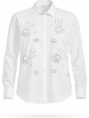 Miss Poem Kadın Beyaz Gömlek Yaka Taşlı Figürlü %100 Pamuk Gömlek