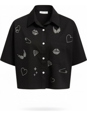 Miss Poem Kadın Siyah Taş Baskılı Kısa Kol Crop %100 Pamuk Gömlek