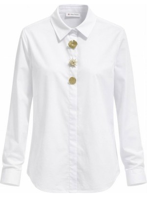 Miss Poem Kadın Beyaz Gold Aksesuar Detaylıuzun Kol Gömlek