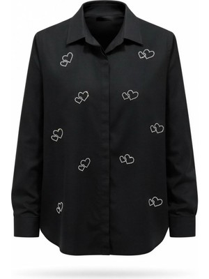 Miss Poem Kadın Siyah Kalp Figür Taşlı Gömlek