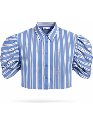 Miss Poem Kadın Mavi Çizgili Taş Detaylı Balon Kol Crop Gömlek