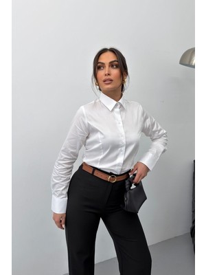 Spirituel Kadın Gömlek %100 Pamuk Premium Saten Dokuma Uzun Kollu Düğmeli Kuplu Slim Fit Gömlek