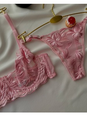 Romantik Brode Nakışlı Şeffaf Tül Bralet Takım - Yaprak Desenli