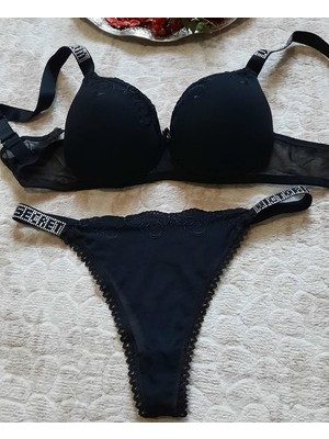 Işıltılı Kristal Taşlı Askılı Destekli Sütyen Tanga Takımı - Yazı Detaylı Parlak Seri