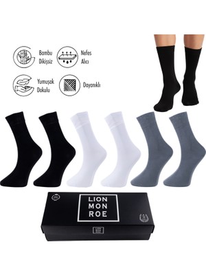 Lion Monroe Saf Bambu Erkek Soket Uzun Düz Siyah-Beyaz-Füme Çorap Dikişsiz Premium Kutulu 6'lı L5952AZNB SoftAura