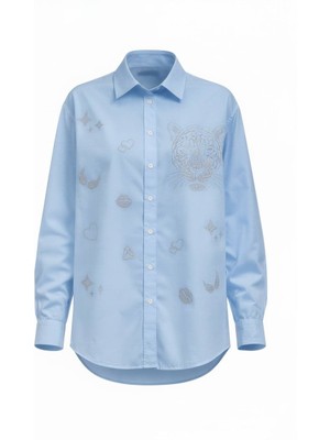 Miss Poem Kadın Mavi Taşlı Kaplan Figürlü %100 Pamuk Gömlek
