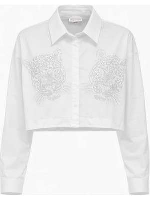 Miss Poem Kadın Beyaz Çift Kaplan Taşlı Crop Uzun Kol Gömlek