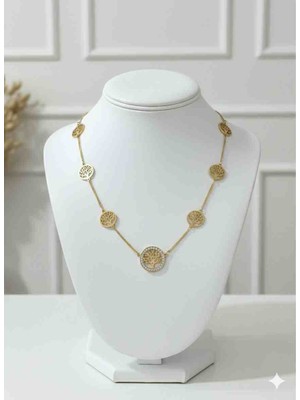 Stainless Steel Şık Hayat Ağacı Detaylı Kadın Gold Renk Çelik Kolye
