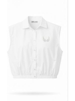 Miss Poem Kadın Beyaz Kolsuz Taşlı Belden Lastikli Pamuk Gömlek