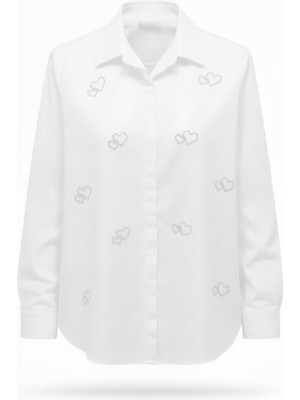 Miss Poem Kadın Beyaz Kalp Figür Taşlı Gömlek