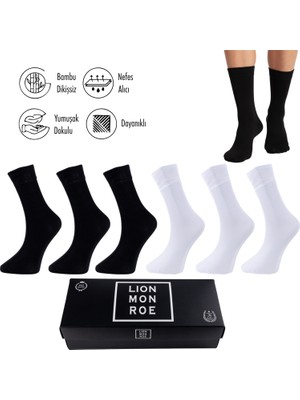 Lion Monroe Saf Bambu Erkek Soket Uzun Düz Siyah-Beyaz Çorap Dikişsiz Premium Kutulu 6'lı L5952AZNB SoftAura
